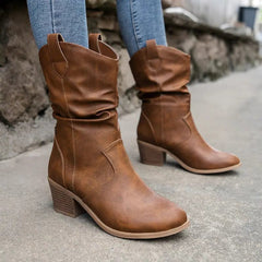 Adelaide | Ruched Western Mid-Calf Boots with Stacked Heel