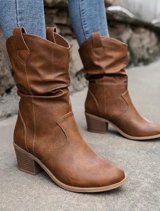 Adelaide | Ruched Western Mid-Calf Boots with Stacked Heel
