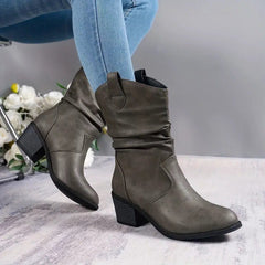 Adelaide | Ruched Western Mid-Calf Boots with Stacked Heel