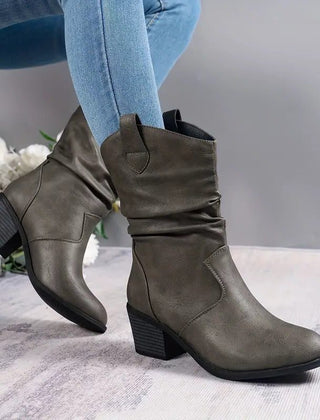Adelaide | Ruched Western Mid-Calf Boots with Stacked Heel
