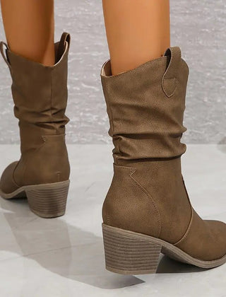 Adelaide | Ruched Western Mid-Calf Boots with Stacked Heel