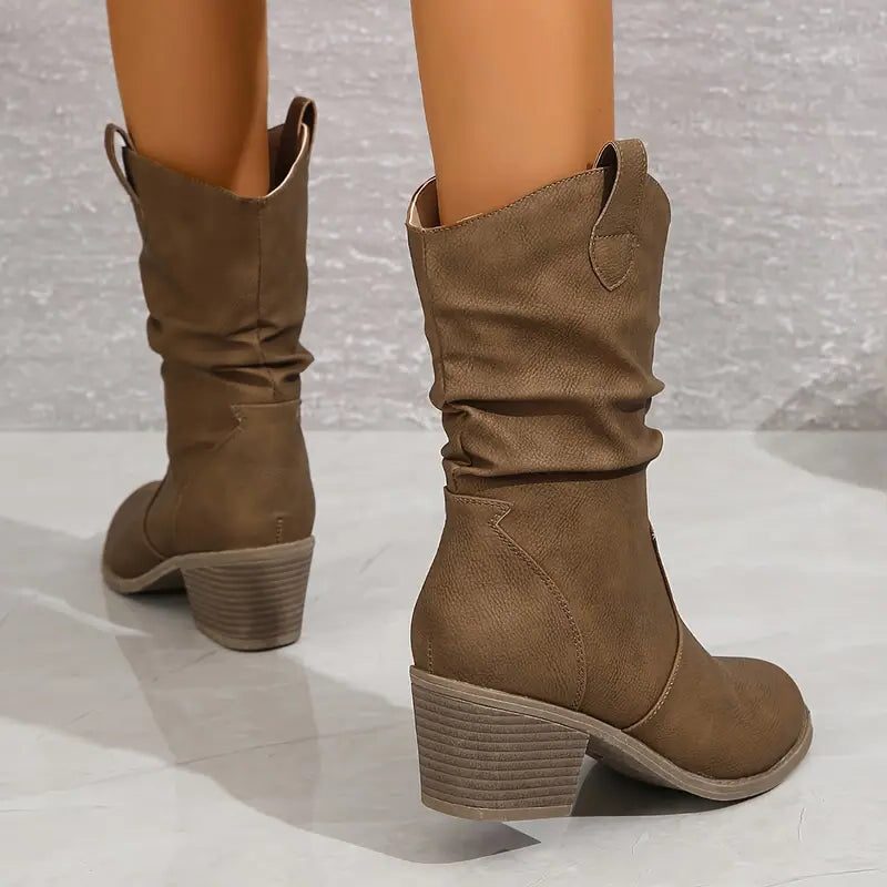 Adelaide | Ruched Western Mid-Calf Boots with Stacked Heel