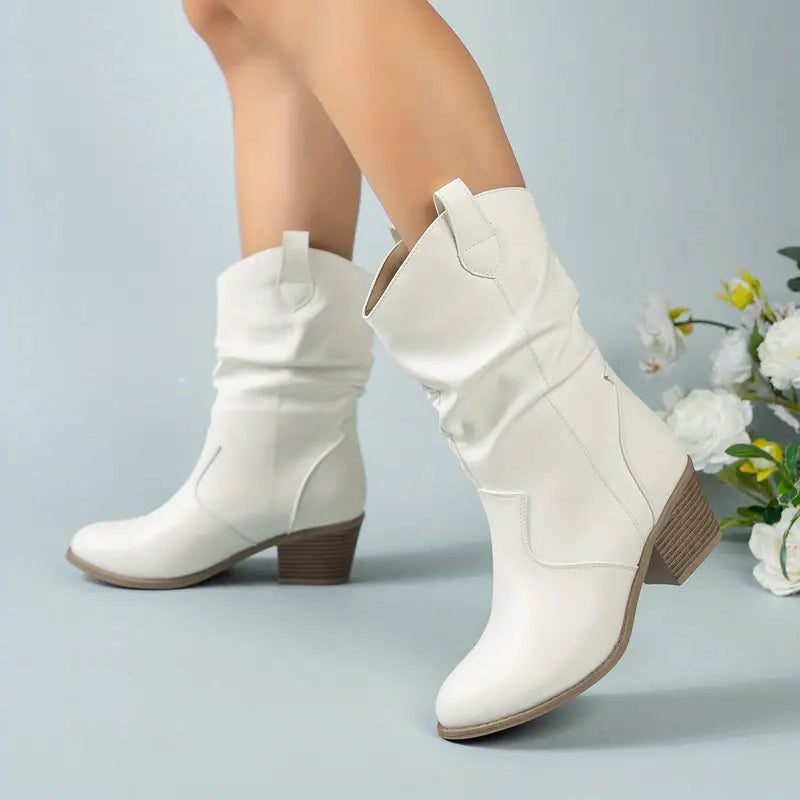 Adelaide | Ruched Western Mid-Calf Boots with Stacked Heel