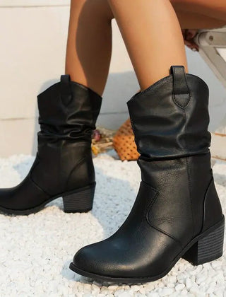 Adelaide | Ruched Western Mid-Calf Boots with Stacked Heel