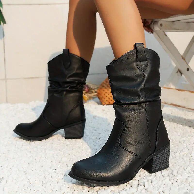 Adelaide | Ruched Western Mid-Calf Boots with Stacked Heel
