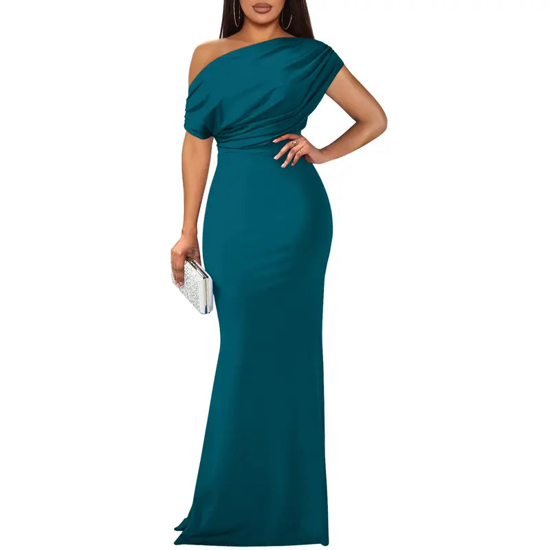 Arabella | Off-Shoulder Bodycon Maxi Dress with Floor-Length Hem - Peacock Blue