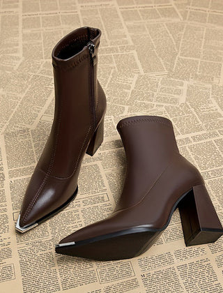 Rosa | Pointed Chunky Heel Ankle Boots with Side Zip - Burgundy