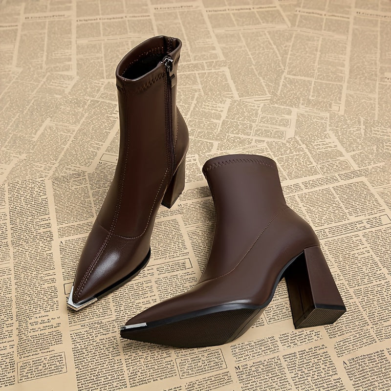 Rosa | Pointed Chunky Heel Ankle Boots with Side Zip - Burgundy