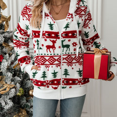 Noelle | Cosy Festive Hooded Cardigan with Zip Front - Red and Green Print