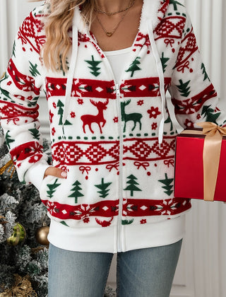Noelle | Cosy Festive Hooded Cardigan with Zip Front - Red and Green Print