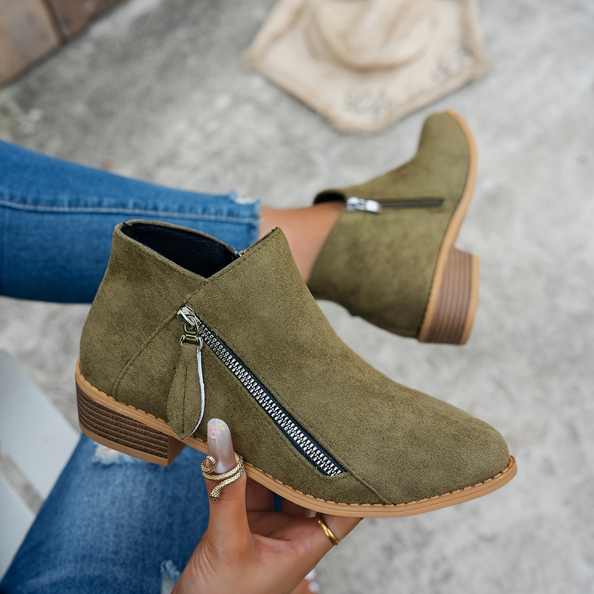Lorna | Everyday Block Heel Ankle Boots with Side Zip - Fern Green