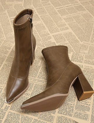 Rosa | Pointed Chunky Heel Ankle Boots with Side Zip - Khaki