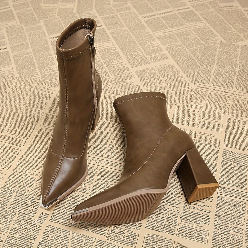Rosa | Pointed Chunky Heel Ankle Boots with Side Zip - Khaki