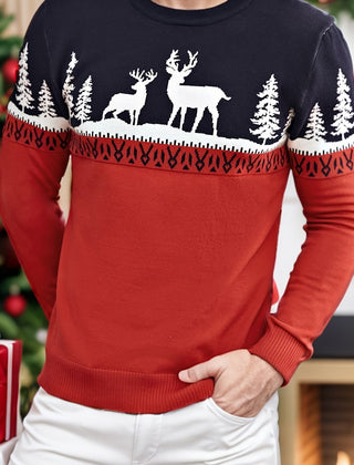 Fergus | Festive Crew Neck Jumper with Reindeer and Pine Design - Red