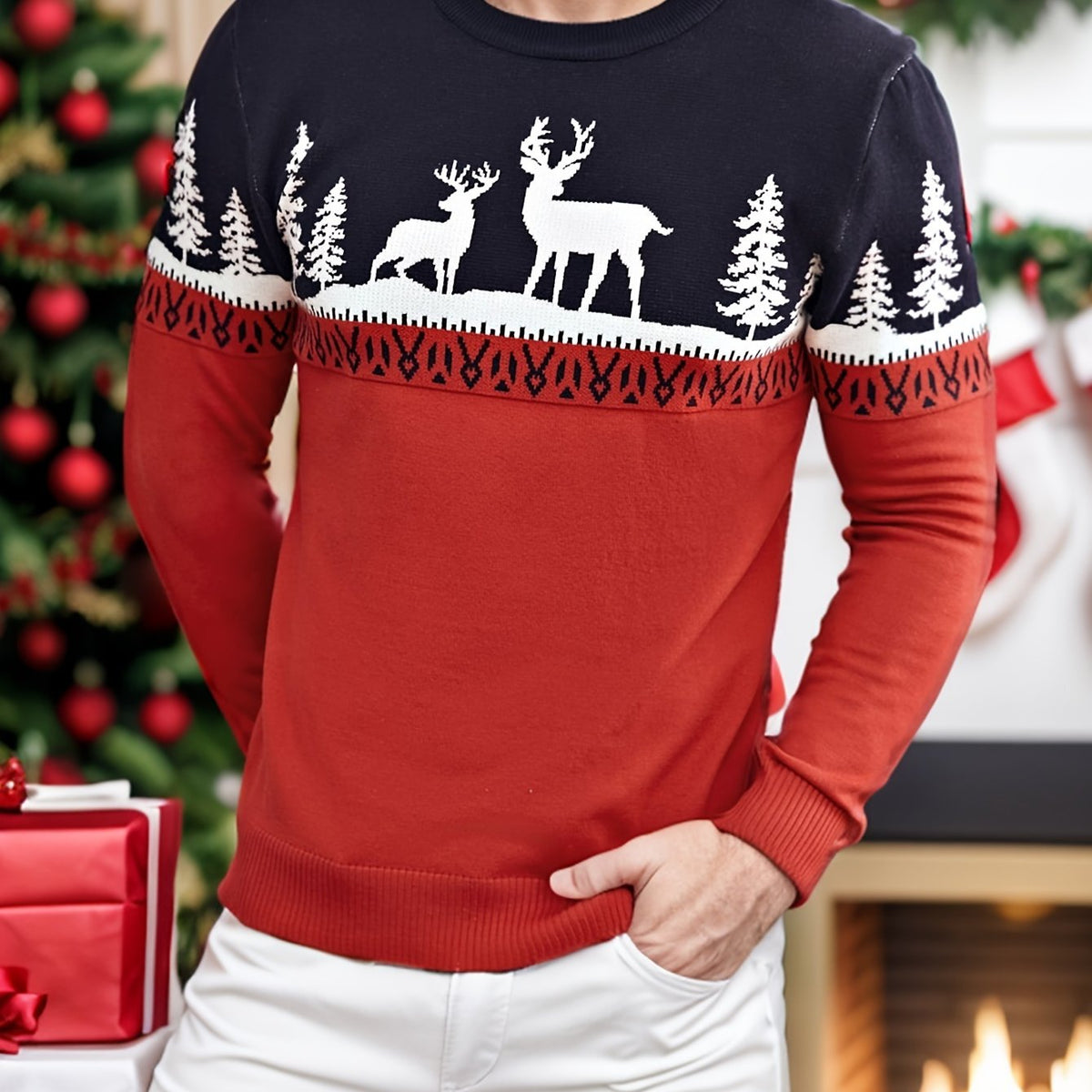 Fergus | Festive Crew Neck Jumper with Reindeer and Pine Design - Red