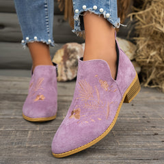 Seren | Embroidered Pointed Ankle Boots with Low Heel - Purple