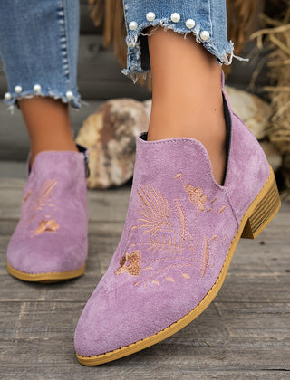 Seren | Embroidered Pointed Ankle Boots with Low Heel - Purple