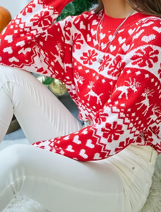 Ivy | Relaxed Festive Jumper with Snowflake and Deer Pattern - Red and White