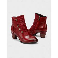 Wilhelmina | Ruched Block Heel Ankle Boots with Floral Buttons