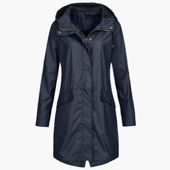 Winona | Longline Hooded Raincoat with Adjustable Drawstring - Navy Blue