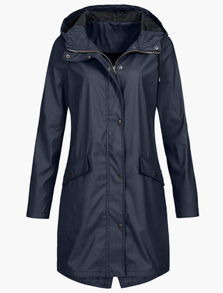 Winona | Longline Hooded Raincoat with Adjustable Drawstring - Navy Blue
