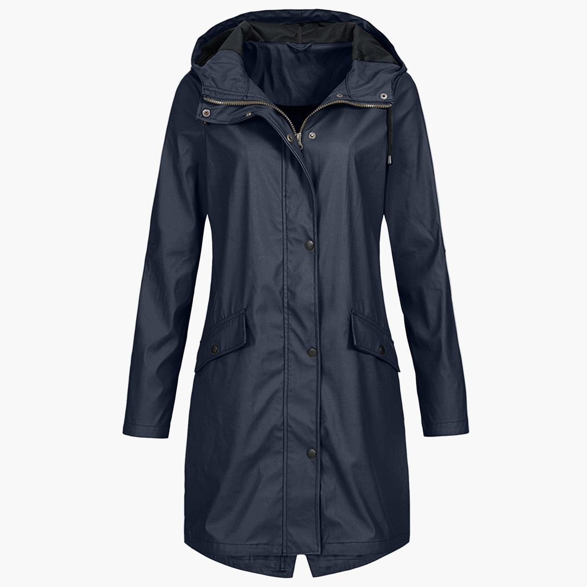 Winona | Longline Hooded Raincoat with Adjustable Drawstring - Navy Blue