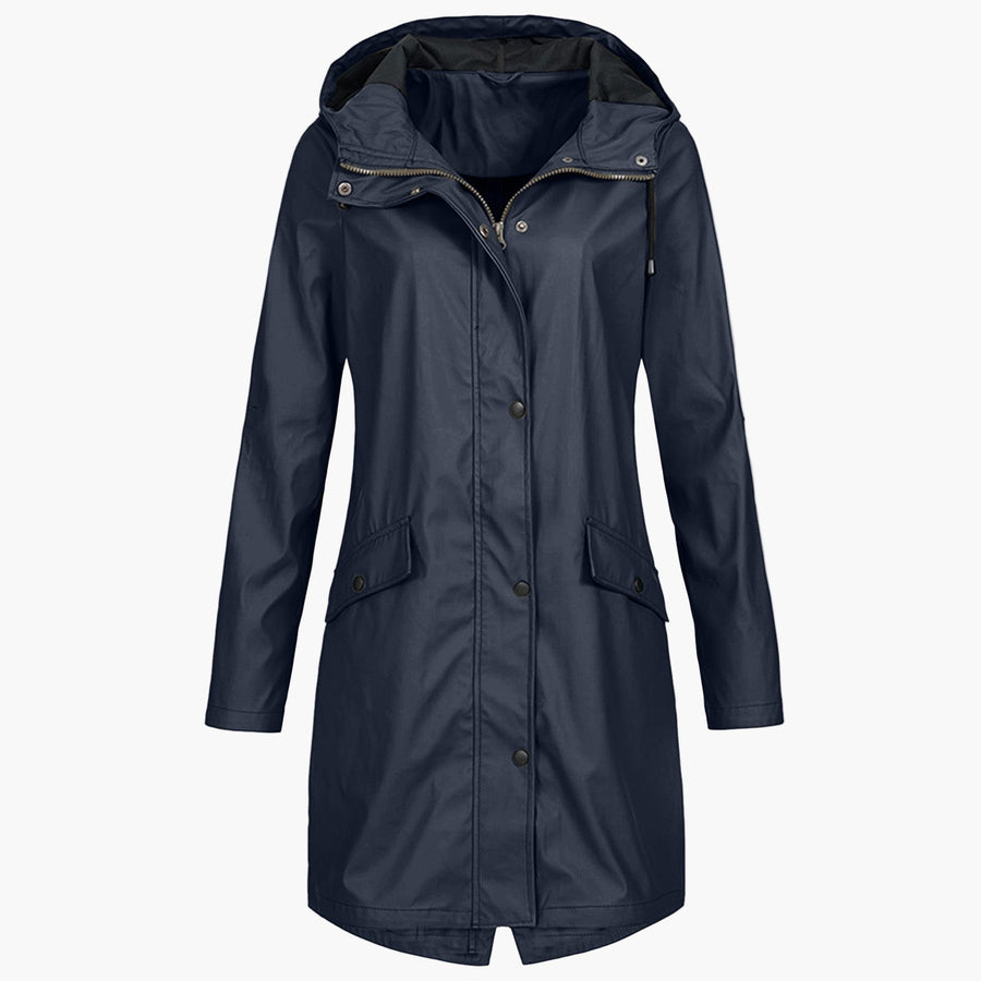 Winona | Longline Hooded Raincoat with Adjustable Drawstring - Navy Blue