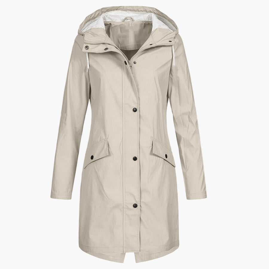 Winona | Longline Hooded Raincoat with Adjustable Drawstring - Beige