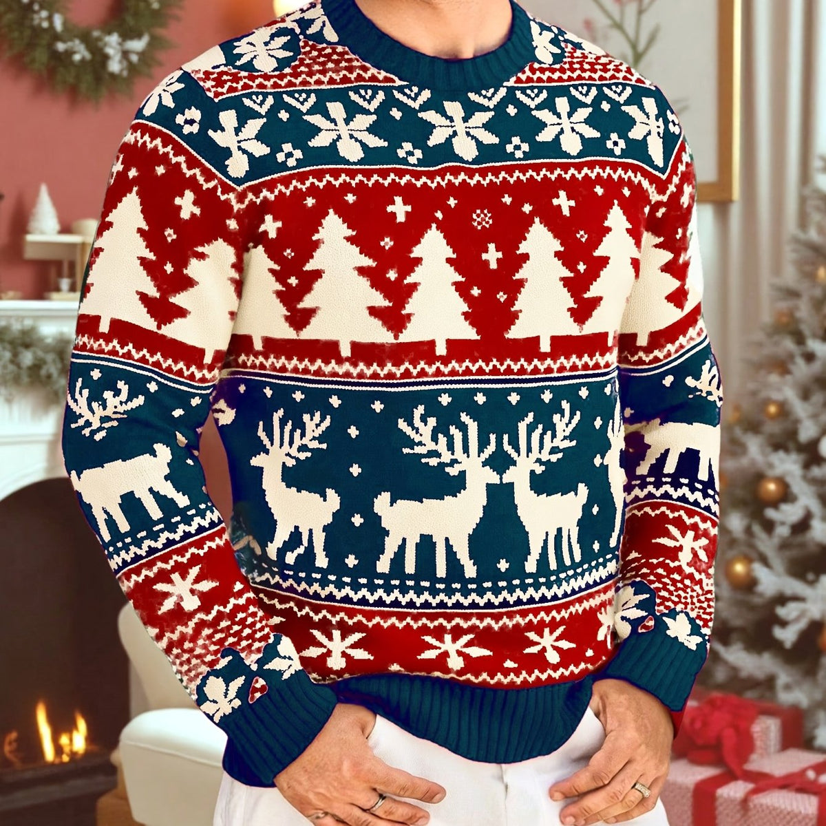 Angus | Festive Knitted Jumper with Winter Motifs - Blue