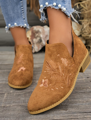 Seren | Embroidered Pointed Ankle Boots with Low Heel - Brown