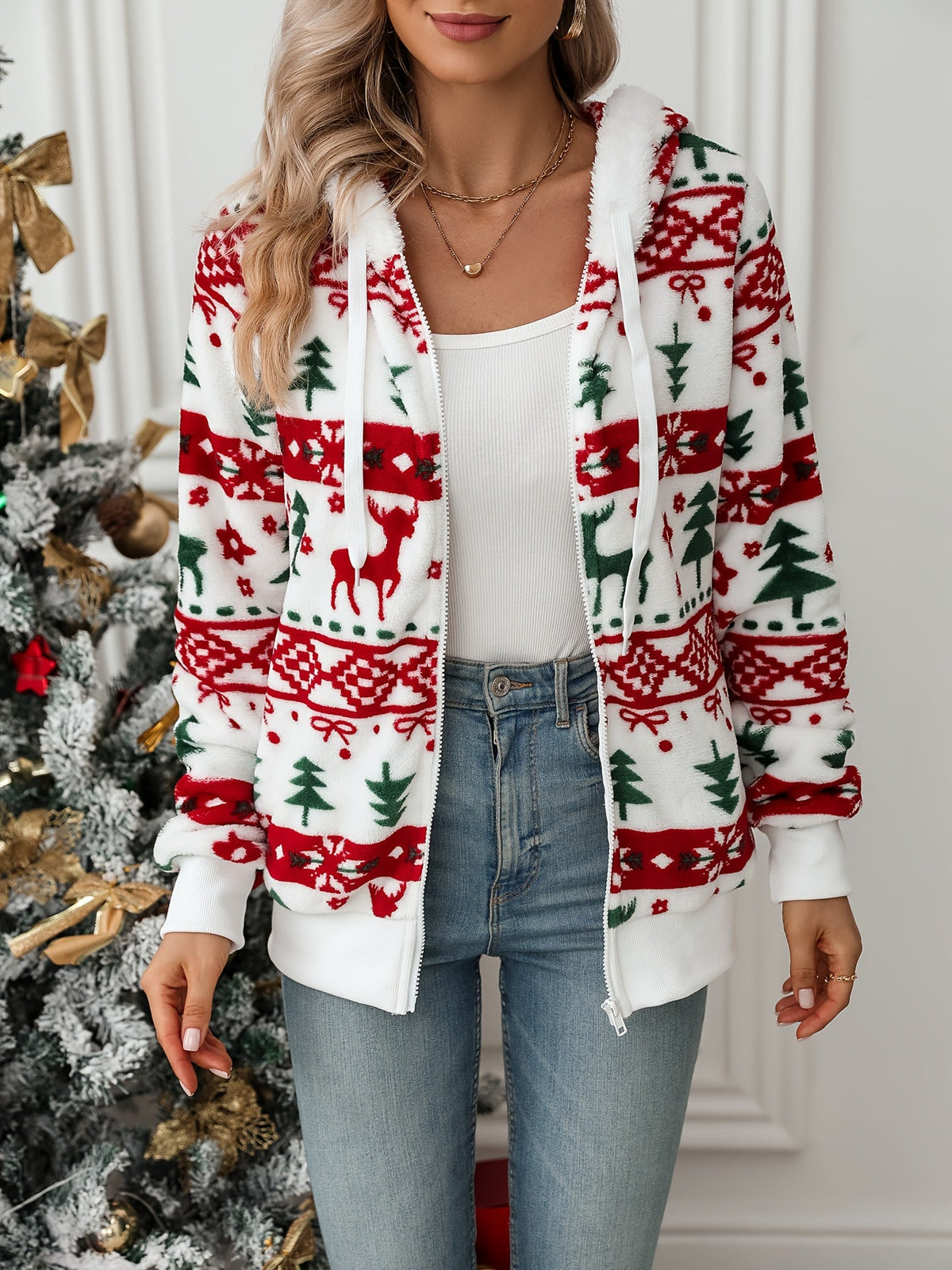 Noelle | Cosy Festive Hooded Cardigan with Zip Front