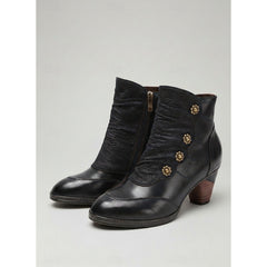Wilhelmina | Ruched Block Heel Ankle Boots with Floral Buttons - Black