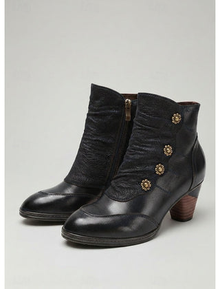 Wilhelmina | Ruched Block Heel Ankle Boots with Floral Buttons - Black