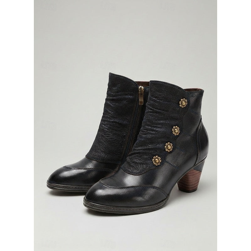 Wilhelmina | Ruched Block Heel Ankle Boots with Floral Buttons - Black