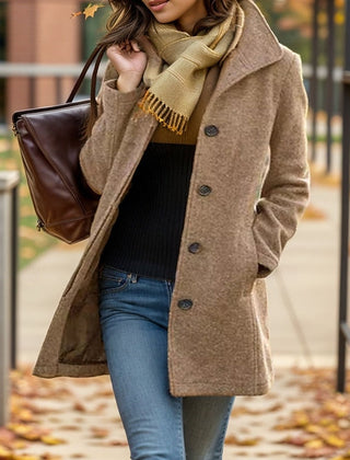 Evangeline | Tailored Button-Front Coat with Turndown Collar - Khaki