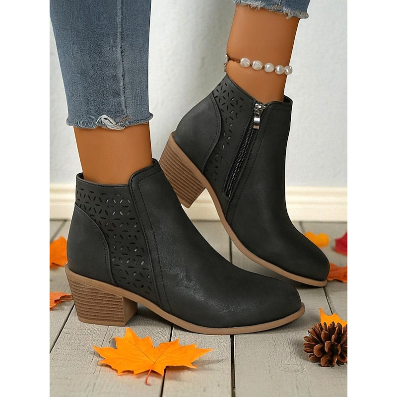 Martha | Perforated Ankle Boots with Stacked Block Heel