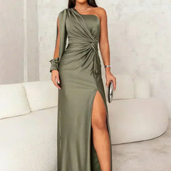 Iris | Draped One-Shoulder Maxi Dress with Front Slit - Green