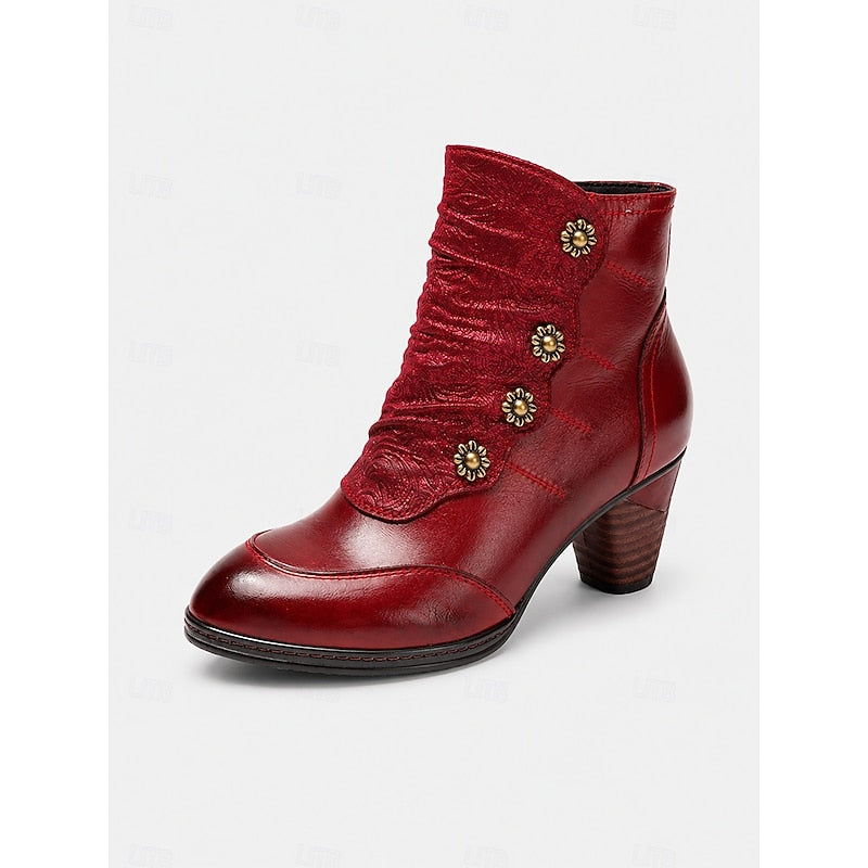 Wilhelmina | Ruched Block Heel Ankle Boots with Floral Buttons