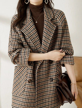 Oversized Houndstooth Blazer Coat with Double-Breasted Front in Brown