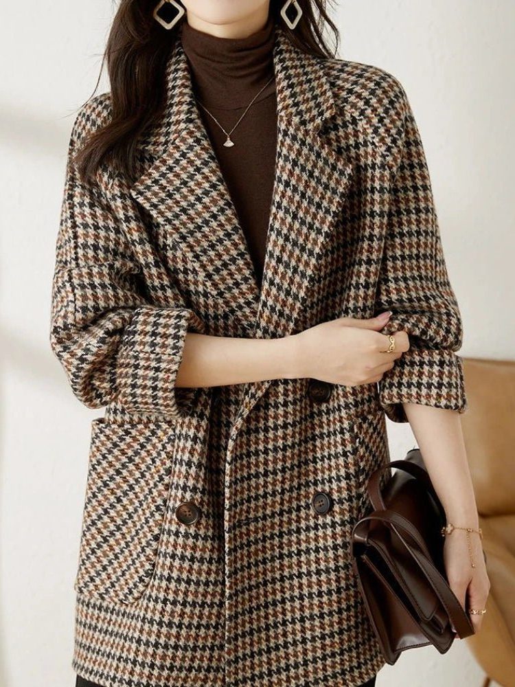 Oversized Houndstooth Blazer Coat with Double-Breasted Front in Brown