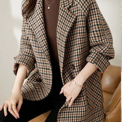 Oversized Houndstooth Blazer Coat with Double-Breasted Front