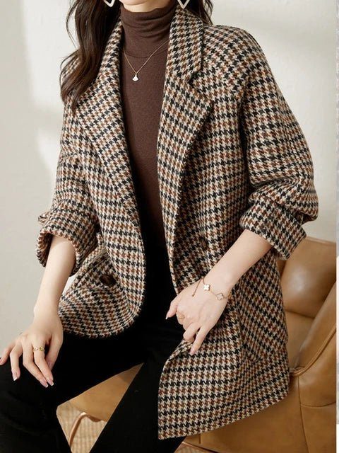 Oversized Houndstooth Blazer Coat with Double-Breasted Front
