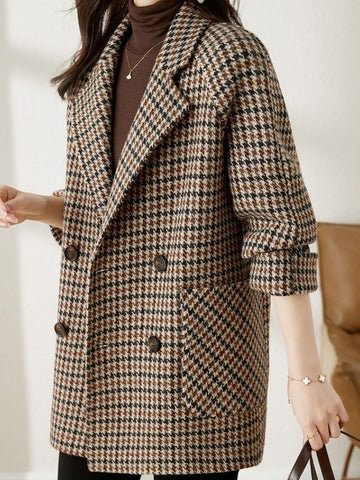 Oversized Houndstooth Blazer Coat with Double-Breasted Front