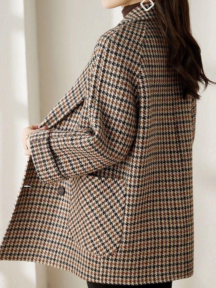 Oversized Houndstooth Blazer Coat with Double-Breasted Front