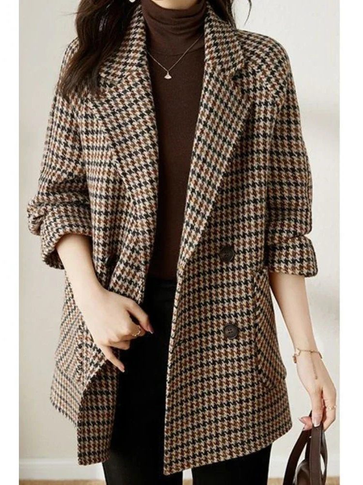 Oversized Houndstooth Blazer Coat with Double-Breasted Front