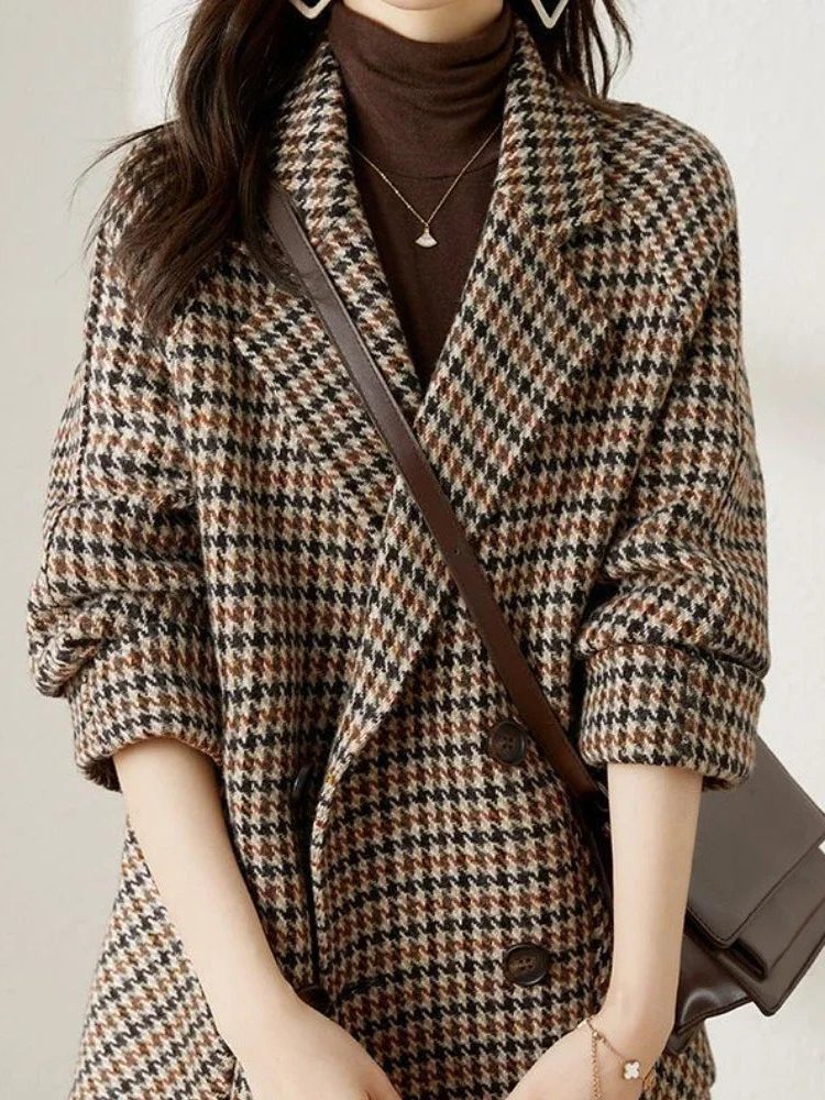 Oversized Houndstooth Blazer Coat with Double-Breasted Front
