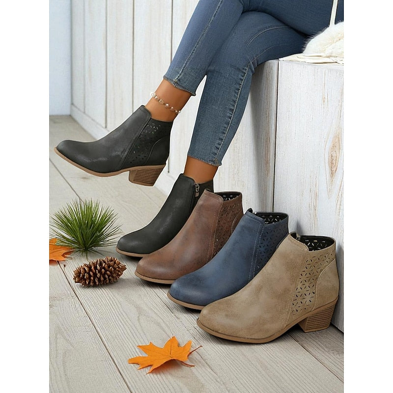 Martha | Perforated Ankle Boots with Stacked Block Heel