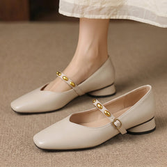 Penelope | Square Toe Mary Jane Flats with Gold Buckle