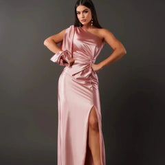Iris | Draped One-Shoulder Maxi Dress with Front Slit - Pink