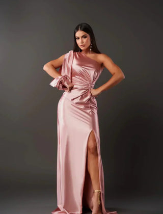 Iris | Draped One-Shoulder Maxi Dress with Front Slit - Pink